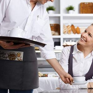 ผ้ากันเปื้อนครึ่งตัวสีดำแบบเป็นมิตรกับสิ่งแวดล้อม ผลิตจากผ้าโพลีเอสเตอร์ผสมฝ้าย สำหรับพนักงานเสิร์ฟในร้านอาหาร พนักงานบริการ ใช้สำหรับงานโปรโมทในครัว พร้อมปักโลโก้ตามสั่ง - Product Image 6