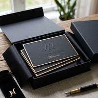 Cartes de vœux d'entreprise de luxe sur mesure en carton noir, bords dorés, gaufrage à sec, monogramme personnalisé, notes pour clients d'élite