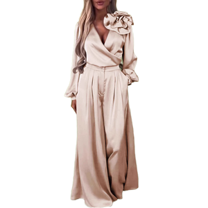 Conjunto de 2 Piezas para Mujer, Blusa Elegante Casual de Satén con Cuello en V y Manga Larga, Pantalones Anchos, Ropa de Verano para Uso Diario, Transpirable - Product Image 1