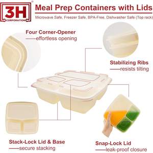 กล่องเตรียมอาหาร 3H ขนาด 45 ออนซ์ แบบ 3 ช่อง 100 กล่อง/ลัง, 200 ชิ้น พร้อมฝาปิด, กล่องอาหารแบบพกพา, ใช้กับไมโครเวฟ/เครื่องล้างจาน/ช่องแช่แข็งได้ - Product Image 3