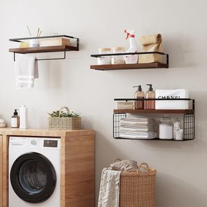 Modern Style Wall-Mounted Bathroom Shelf with Metal Frame and Wooden Storage Rack Includes Towel Bar and Storage Basket - Product Image 6