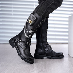 Bottes Martin pour hommes, mi-mollet, en cuir, bout rond, tendance mode, boucle chaîne tête de mort, semelle en caoutchouc, pour scène - Product Image 4