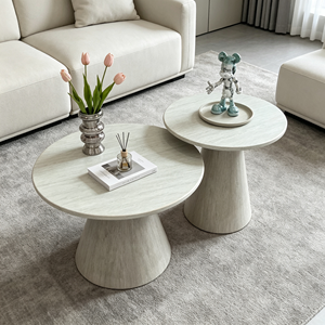 Ensemble de tables basses gigognes rondes en bois clair minimaliste avec piétement conique – Table d'appoint moderne pour salon et hôtel - Product Image 2