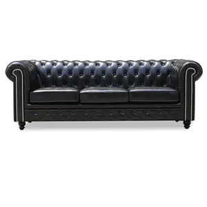 Canape Manufacture Luxury Leather Living Room Furniture Black Tufted Sofa Set Chesterfield Couches