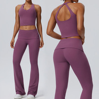 Bnice 62125 Ensemble de yoga 2 pièces pour femme : haut court dos nu extensible et legging évasé à taille pliée – Tenue de sport et fitness