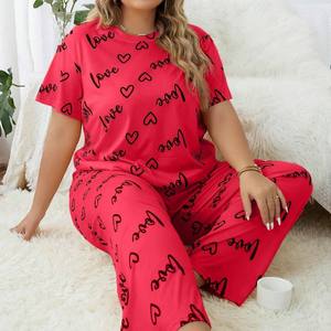 Vêtements de maison pour femmes grandes tailles, style européen et américain, pyjama à manches courtes, taille élastique avec motif d'amour - Product Image 3