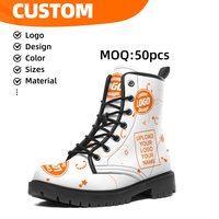 Sepatu Boot Kulit Sapi Cetak Logo Kustom Berkualitas Tinggi dengan Tali Depan untuk Wanita Pria, Desain Nyaman, Bernapas, Anti-Selip untuk Musim Dingin.