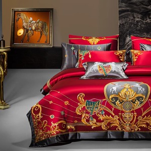 Ensemble <span class=keywords><strong>de</strong></span> literie en <span class=keywords><strong>satin</strong></span> doré luxueux, jacquard équestre et broderie, ensemble <span class=keywords><strong>de</strong></span> couette taille King - Product Image 4