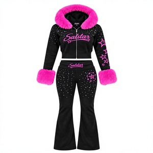 Women’s Black Velour <b>Tracksuit</b> <b>Set</b> with <b>Pink</b> Fur Hood, Rhinestone Star Design & Flared Pants – Custom Logo Fashion Jogger <b>Set</b> - Product Image 1