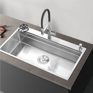 Évier de cuisine multifonctionnel à cuve unique en acier inoxydable brossé épaissi fait main SUS304 - Product Image 1