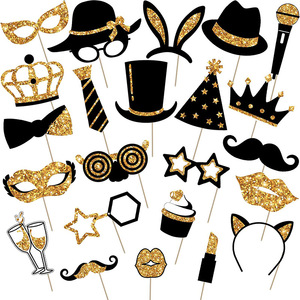 Accesorios para fotomatón de fiesta, mezcla de sombreros, copa de <span class=keywords><strong>vino</strong></span>, lápiz labial, corbata, <span class=keywords><strong>coronas</strong></span> y más, para variedad de suministros de fiesta y boda, color dorado limón - Product Image 1