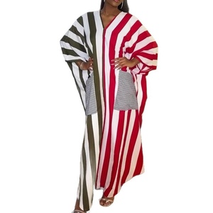 เดรสแม็กซี่ลายทางบล็อกสีสำหรับผู้หญิง - เดรสคอวีแขนทรงปีกค้างคาวพร้อมกระเป๋าแฟชั่น - Product Image 1