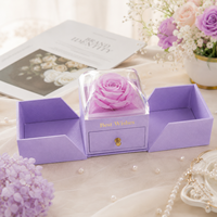 Boîte à bijoux de luxe violette à double ouverture magnétique avec tiroir pour rose éternelle, logo personnalisé en feuille d'or, cadeau de Saint-Valentin