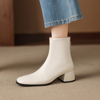 Sepatu Bot Kulit Sapi Asli Model Square Toe dengan Ritsleting di Pergelangan Kaki, Hak Tebal 5cm, Gaya Musim Dingin dan Gugur