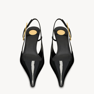 Women Pointed Toe Metal Buckles Pumps 5.5cm Gold High Heels Slingback Patent Stiletto Dress <b>Shoes</b> Side Cut Out Sexy Sandals - Product Image 6