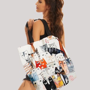 Sac fourre-tout à bandoulière en toile double face à imprimés <span class=keywords><strong>animaux</strong></span>, modèle best-seller, vente en gros <span class=keywords><strong>d</strong></span>'usine, motif Groupe de chats sur un arbre - Product Image 2