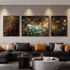 Juego de 3 Cuadros Decorativos de Lienzo con Diseño de Pavo Real, Pintura Abstracta Dorada y Azul, Decoración Moderna para Sala de Estar, Tríptico - Product Image 3