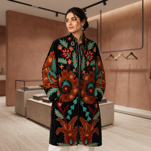 Manteau en velours Suzani brodé à la main pour femme, motif floral Paisley noir, veste longue ouverte sur le devant, style bohème, vêtement d'extérieur d'hiver, vente en gros - Product Image 1
