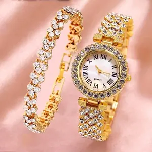Luxe 2pcs Set Femmes Or Rose Dames Diamant Reloj Mujer Montre-Bracelet Femme Bracelet Quartz Montre Ensemble