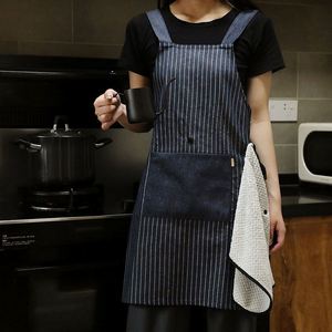 Custom Retro Workwear Cross Back Cotton Polyester Stripe <b>Kitchen</b> <b>Apron</b> with Large Pocket Breathable & Anti-Fouling - Product Image 4