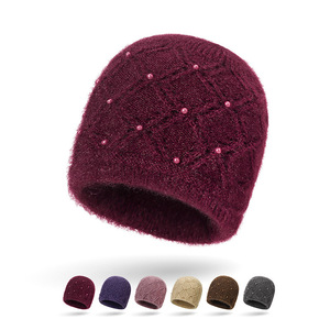 Women's Knitted Wool Hat Warm Pearl Embellished Ski Cap For Winter Outdoor Activities Middle Aged Elderly Ladies - Product Image 1