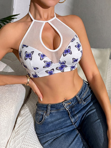 KISS ME ANGEL <span class=keywords><strong>Top</strong></span> Corto Sexy da <span class=keywords><strong>Donna</strong></span> con Motivo a Farfalla, Scollo Avvolgente, Rete Trasparente, Patchwork, Apertura Frontale e Laccetti Arricciati - Product Image 5