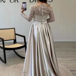Rose Gold <b>Sequined</b> Long Sleeve Evening Gown Empire Waist Sweetheart Neckline Satin Fishtail Dress For Formal Events - Product Image 4