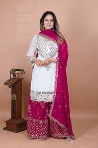 Elégant Travail de Broderie Lourde Manches Longues 5mm Séquence Micro Coton Plazzo Dupatta Top pour Fête Faux Georgette Salwar Kameez - Product Image 3