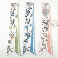 Pañuelo de seda largo y cuadrado con diseño de nube primaveral, mariposa y racimo de flores, retro, elegante, para mujer, con lazo para el pelo, estilo musulmán