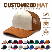 Casquette de camionneur unisexe à 5 panneaux en maille et daim, personnalisable avec logo, broderie sur mesure, respectueuse de la peau