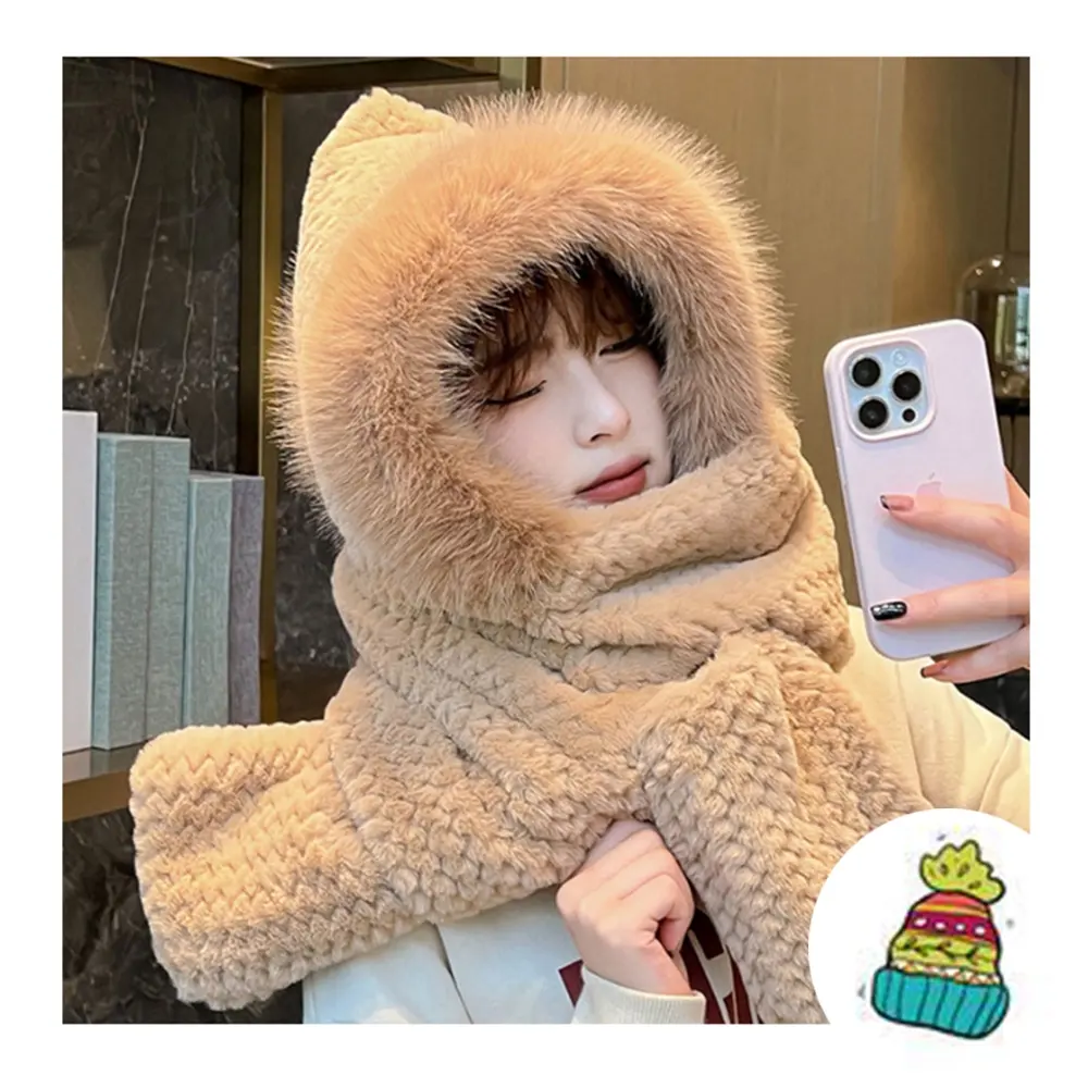 Wholesale Korean Fashion Cute Pineapple FOX women's slim winter warm hat Scarf Mitten Three-in-one winter Cycling knitted