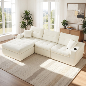 Sofá Modular en Forma de L Convertible de Terciopelo Moderno con Función de Masaje, Espuma de Alta Resiliencia, Diseño Acolchado, Bolsillos Laterales, para Sala de Estar - Product Image 1