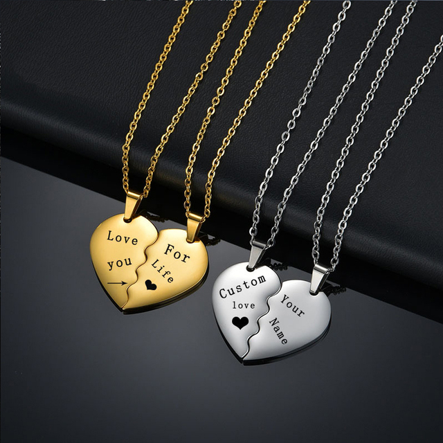 Valentine's Day Couple Jewelry Blank Stainless Steel Puzzle Necklace Gold Broken Heart Half Heart Couple Necklace for Men Women