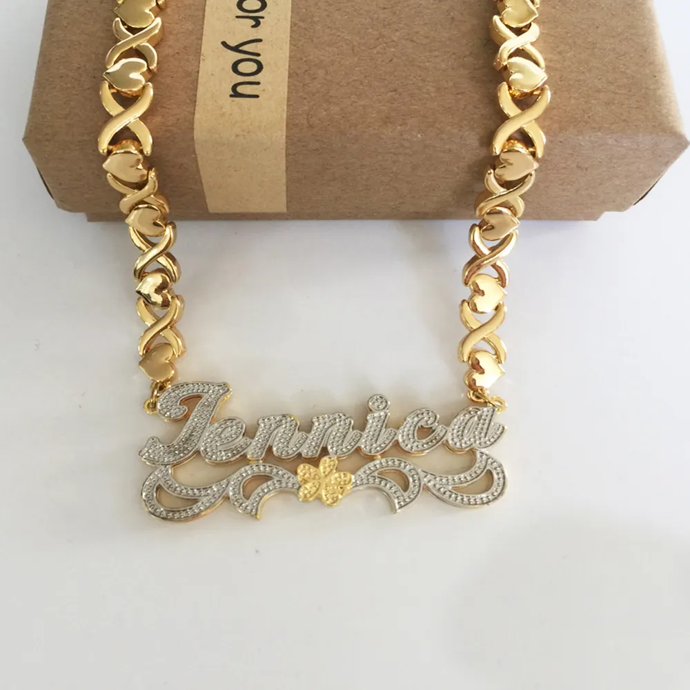 Custom Letter Name Necklace Pendant Double Layered Hug and kiss Gold plated Two Tone xoxo name Necklace