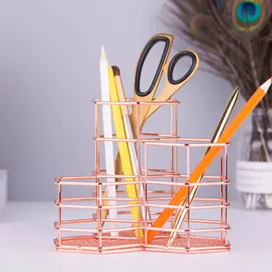 Pen Holder Home Decor Table Hexagon Fancy Iron Rose Gold Pencil Basket Makeup Brush Desk Organizer Holder Office Metal Pen Stand