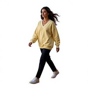 เสื้อสเวตเชิ้ตผู้หญิงทรงหลวม คอวี สีมัสตาร์ด แขนยาว ผ้าฝ้าย 100% ถักทอ ปักลายด้านหน้า - Product Image 1