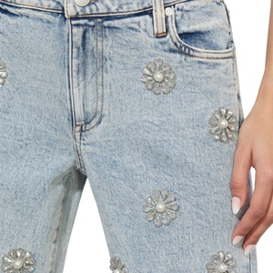 Jeans de mezclilla personalizados OEM con pedrería para mujer, pantalones anchos y holgados, jeans rectos de cintura alta para mujer - Product Image 4