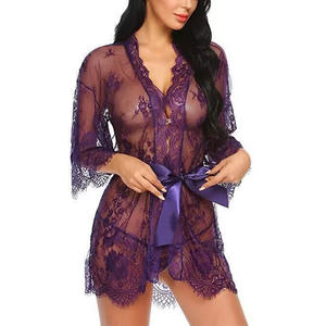 Großhandel Damen Sexy Satin-Spitzen-Nachtwäsche Durchsichtiges Schlafkleid Einfarbige Spitzen-Pyjamas Bademantel Nachthemd Erotische Dessous - Product Image 2