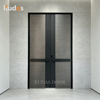 Porte d'entrée double moderne en aluminium moulé, porte extérieure de luxe pour villa, porte de sécurité en métal texturé brossé, double entrée
