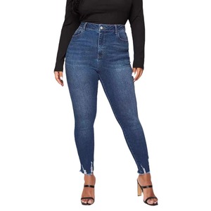 Pantalones vaqueros ajustados azules de talla grande para <span class=keywords><strong>mujer</strong></span>, mallas de lápiz elásticas de cintura alta, estilo Mom Fit, mezclilla ajustada con dobladillo deshilachado para invierno - Product Image 4