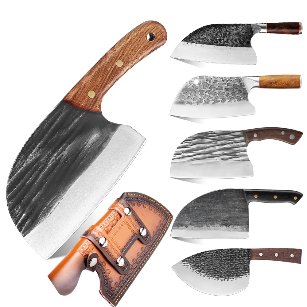 Cuchillo serbio Tang completo, cuchillo de Chef hecho a mano, cuchillo de carnicero de acero forjado revestido, cuchillos de cocina de carnicero, corte de picador chino