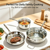 Ensemble de casseroles en acier inoxydable écologique moderne, casserole, poêle, poêlon, couvercle en verre - Sans revêtement, compatible lave-vaisselle, compatible induction