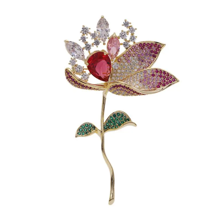 Broche de lotus de luxo, pedra colorida de luxo, broche de lótus degradê, importado da moda