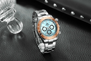 Montres automatiques pour hommes, mécaniques à remontage automatique, en acier inoxydable doré, avec lunette bleu glacier, marron châtain, Reloj Hombre Baratos - Product Image 3