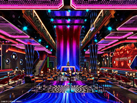Conception d'intérieur clé en main pour boîte de nuit cyberpunk avec mobilier de bar personnalisé, comptoirs LED, cabines VIP et aménagement commercial