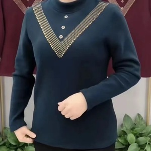 Women's Mock Neck Knit Top With Rhinestone V-Neck Design Coffee Color Long Sleeve Soft Warm <b>Base</b> <b>Layer</b> Autumn Winter Style - Product Image 3