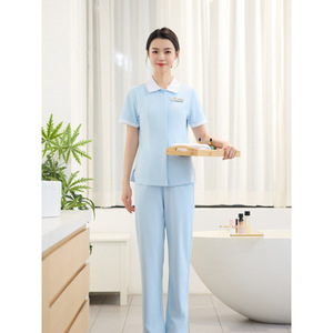 Women Medical Uniform Set Short Sleeve White Top Light Blue Pants Moisture Wicking For Beauty Spa Nail Salons - Product Image 3