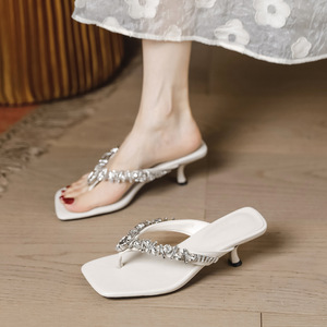 Elegantes Sandalias Marrones de Tacón con Decoración de Pedrería, Tacón Delgado, Punta Abierta, Estilo Slip-On, Zapatos de Verano para Mujer - Product Image 3