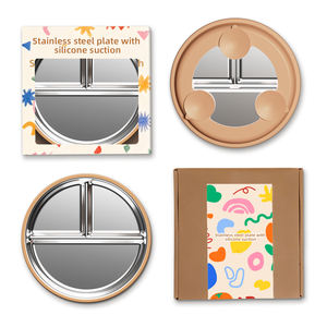 어린이 식기 실리콘 304 스테인리스 스틸 아기 숟가락과 포크 빨대컵 흡착식 그릇 분할 접시 탈부착 가능한 실리콘 케이스 포함 - Product Image 1
