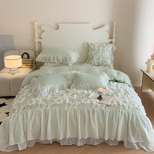 Set Letto Quattro Pezzi Stile Principessa Francese, Copripiumino in Cotone Lavato Tinta Unita con Pizzo, Biancheria da Letto per Ragazze per Tutte le Stagioni - Product Image 5